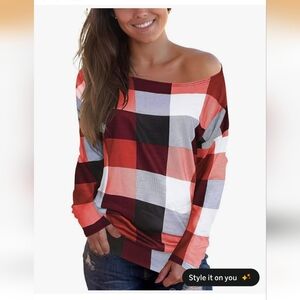 Womens XXL Red Plaid Off The Shoulder Long Sleeve Shirt
